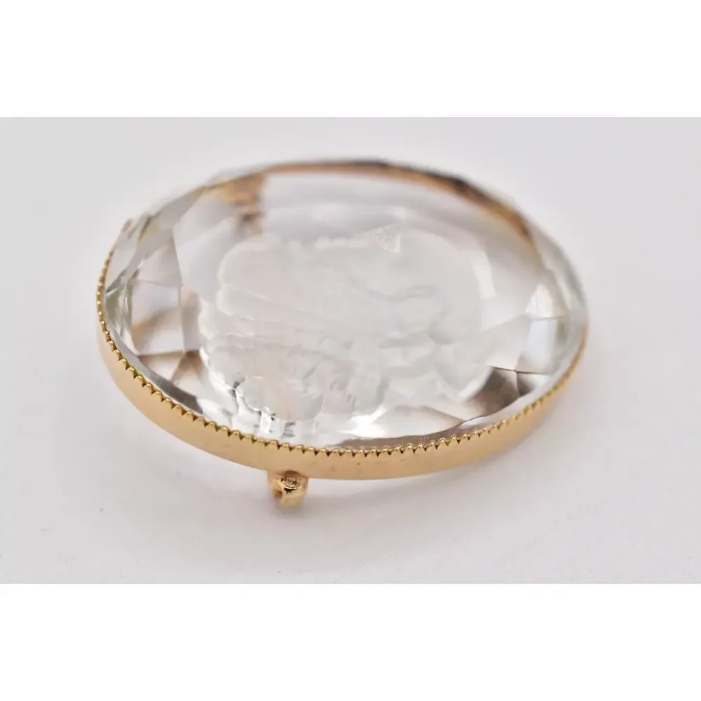 Vintage Intaglio Glass Cameo Brooch Reverse Carved Lady Portrait Gold 60s BinBI